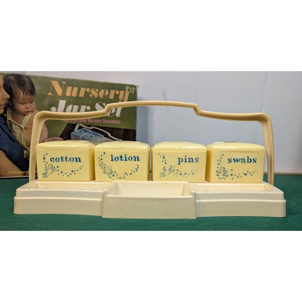 Vtg 1968 Little Angel Nursery Jar Set TR52 Yellow New Open Box Mid Century Baby